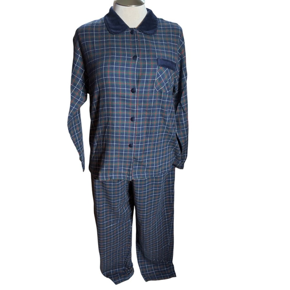 Victoria's Secret Country Plaid Flannel Pajama Set Velvet Trim Navy L 7601 NEW